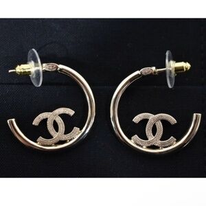 CHANEL 22P Light Gold Logo CC Pendant Small Hoop Earrings